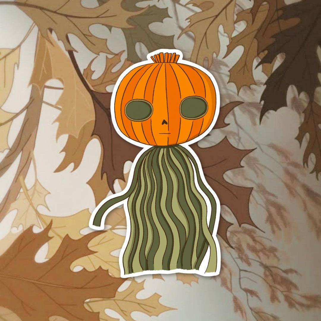 Cartoon character with a pumpkin head on an autumn leaf background